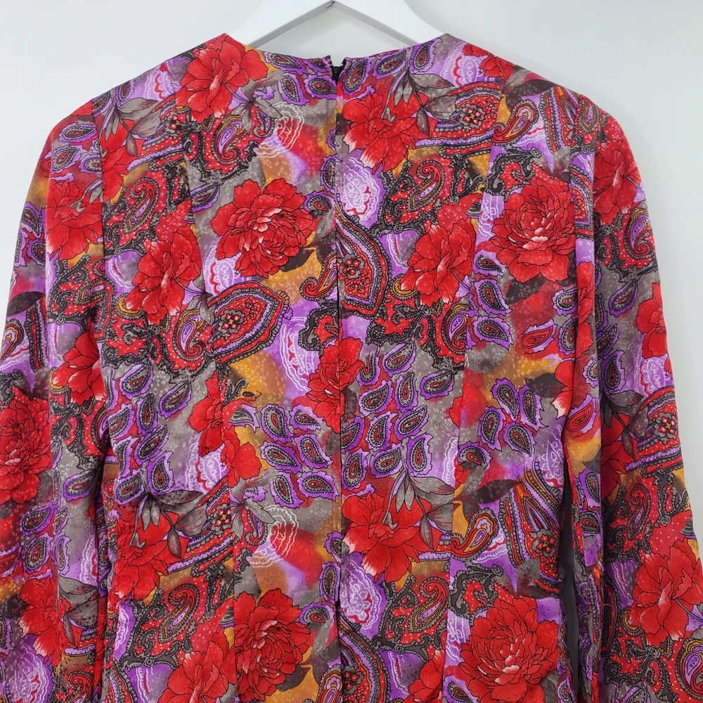Vintage 80s Maggy Boutique Floral Printed Satin Suit Dress Pearl Buttons - Picture 6 of 9